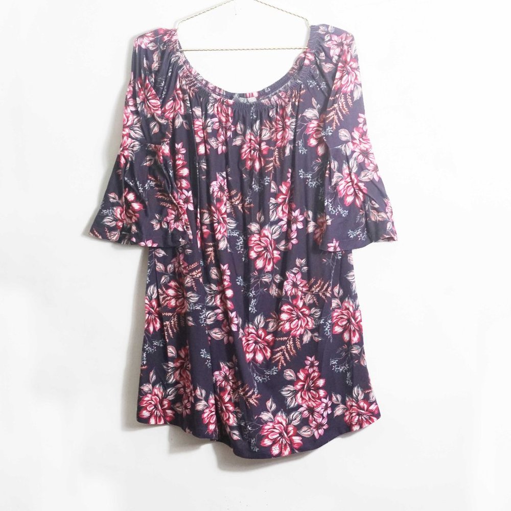 ASOS Off Shoulder Floral Print Bell Sleeve Dress in Purple 10